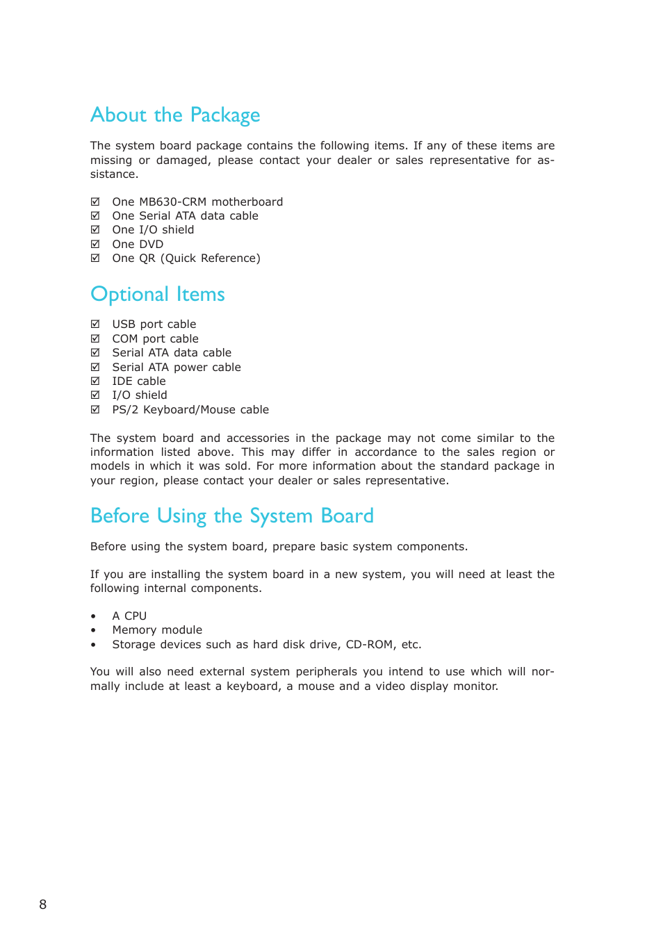 About the package, Before using the system board, Optional items | DFI MB630-CRM User Manual | Page 8 / 171