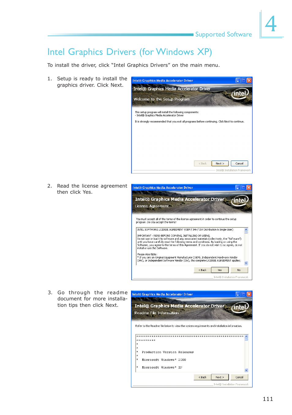 Intel graphics drivers (for windows xp) | DFI PT631-IPM User Manual | Page 111 / 184