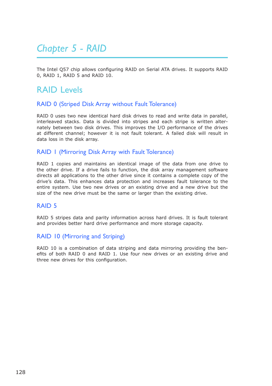 Chapter 5 - raid, Raid levels | DFI PT631-IPM User Manual | Page 128 / 184