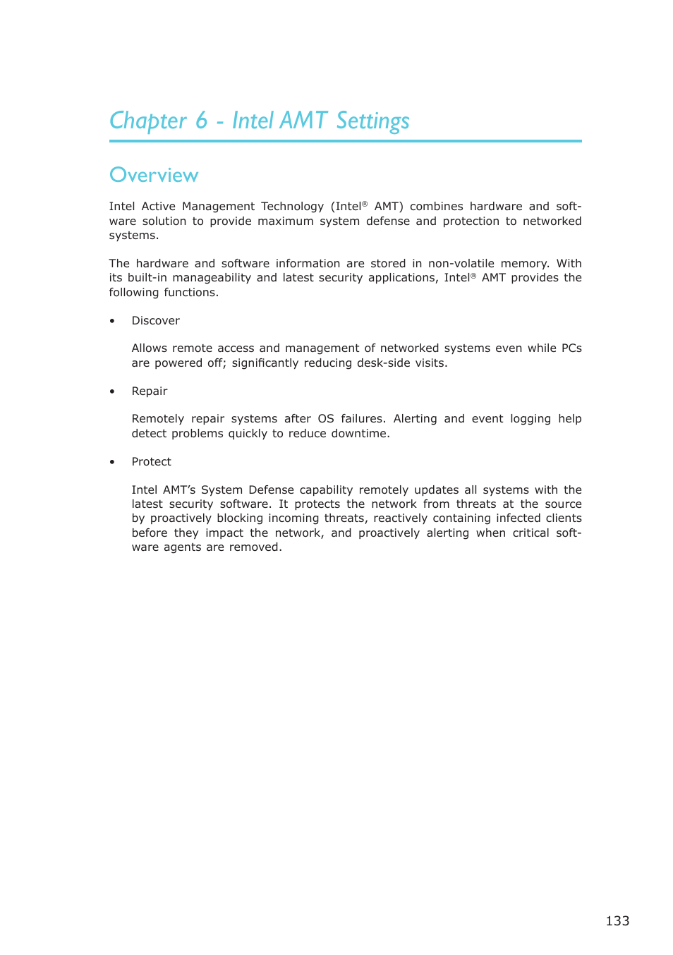 Chapter 6 - intel amt settings, Overview | DFI PT631-IPM User Manual | Page 133 / 184