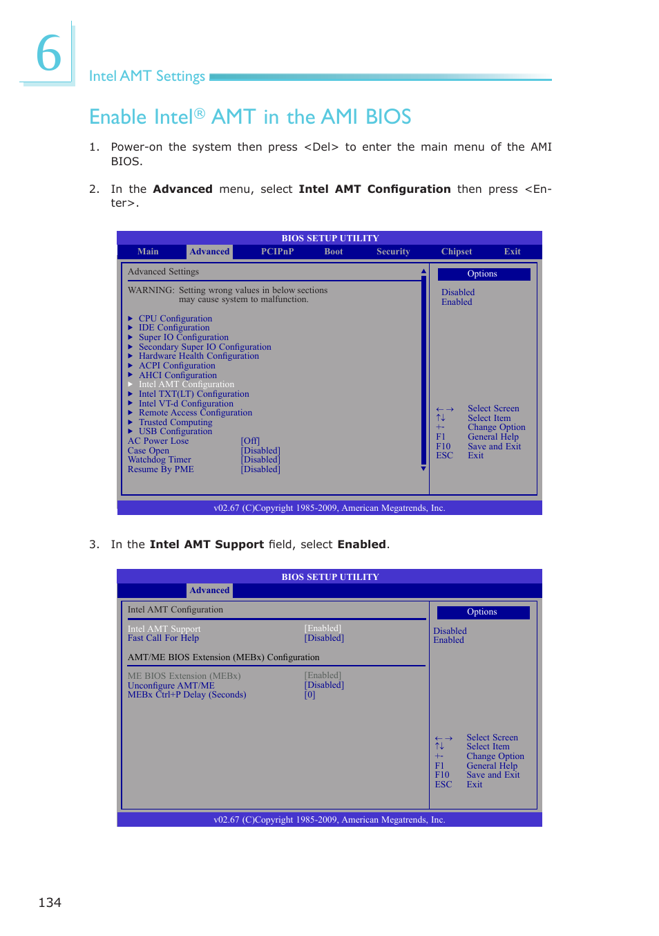 Enable intel, Amt in the ami bios, Intel amt settings | DFI PT631-IPM User Manual | Page 134 / 184