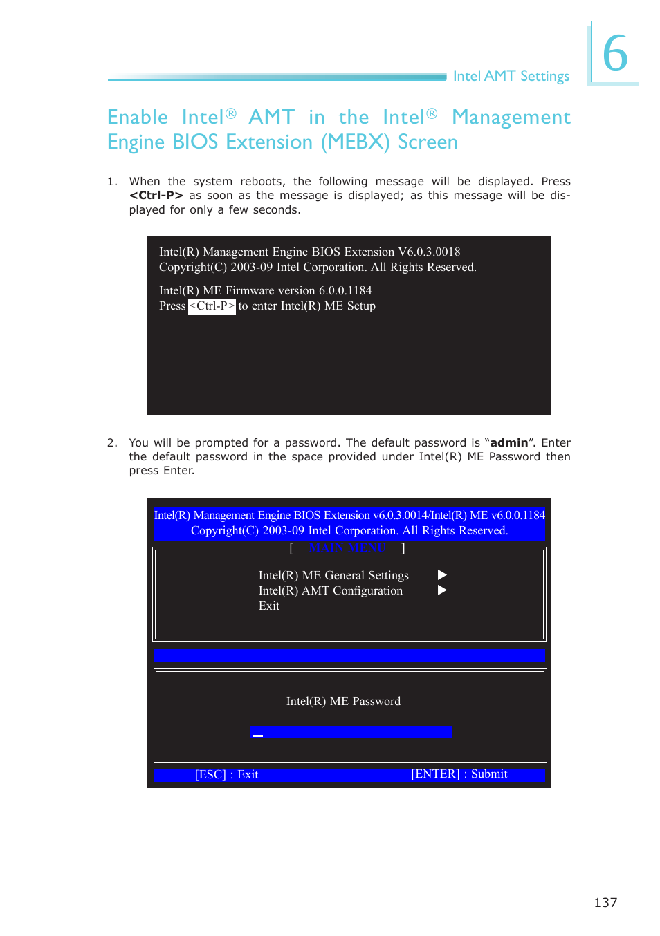 Enable intel, Amt in the intel, Management engine bios extension (mebx) screen | DFI PT631-IPM User Manual | Page 137 / 184