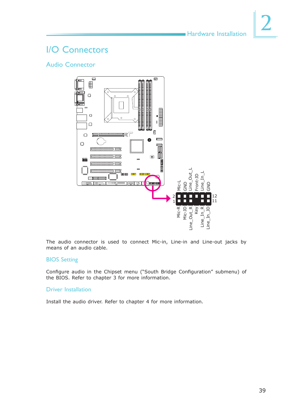 I/o connectors, Hardware installation, Audio connector | DFI PT631-IPM User Manual | Page 39 / 184