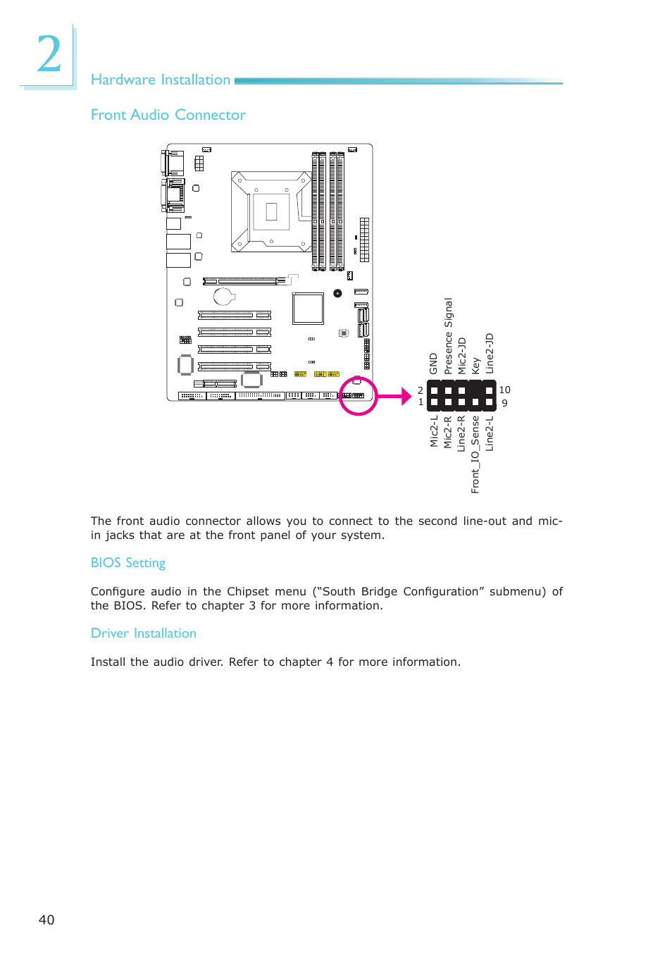 Hardware installation front audio connector | DFI PT631-IPM User Manual | Page 40 / 184