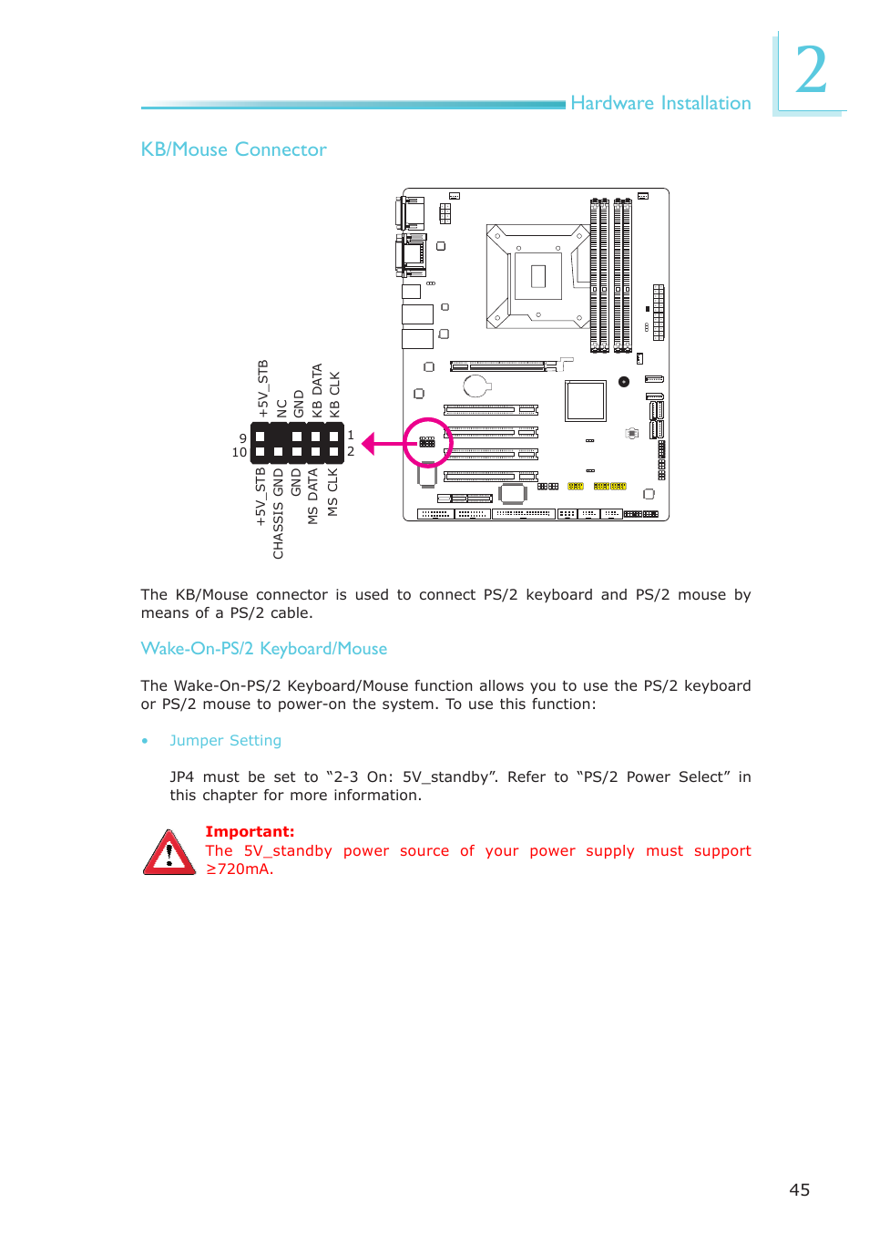 Hardware installation kb/mouse connector, Wake-on-ps/2 keyboard/mouse | DFI PT631-IPM User Manual | Page 45 / 184