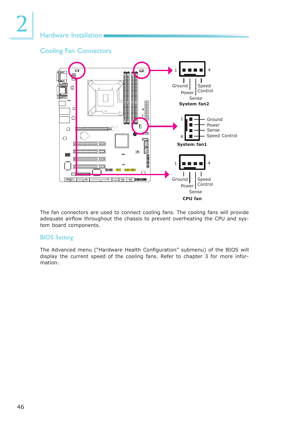 Hardware installation cooling fan connectors, Bios setting | DFI PT631-IPM User Manual | Page 46 / 184