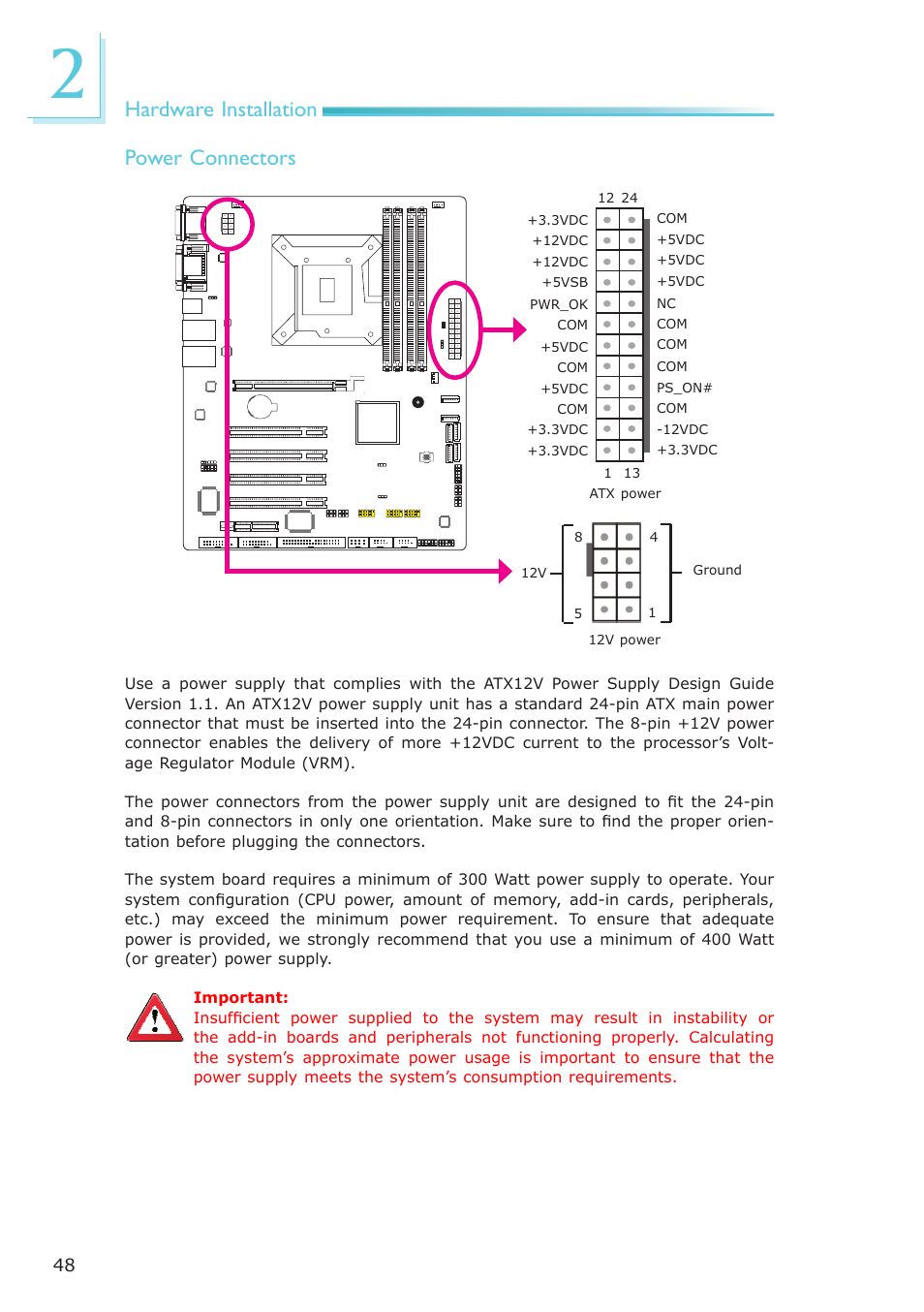 Hardware installation power connectors | DFI PT631-IPM User Manual | Page 48 / 184