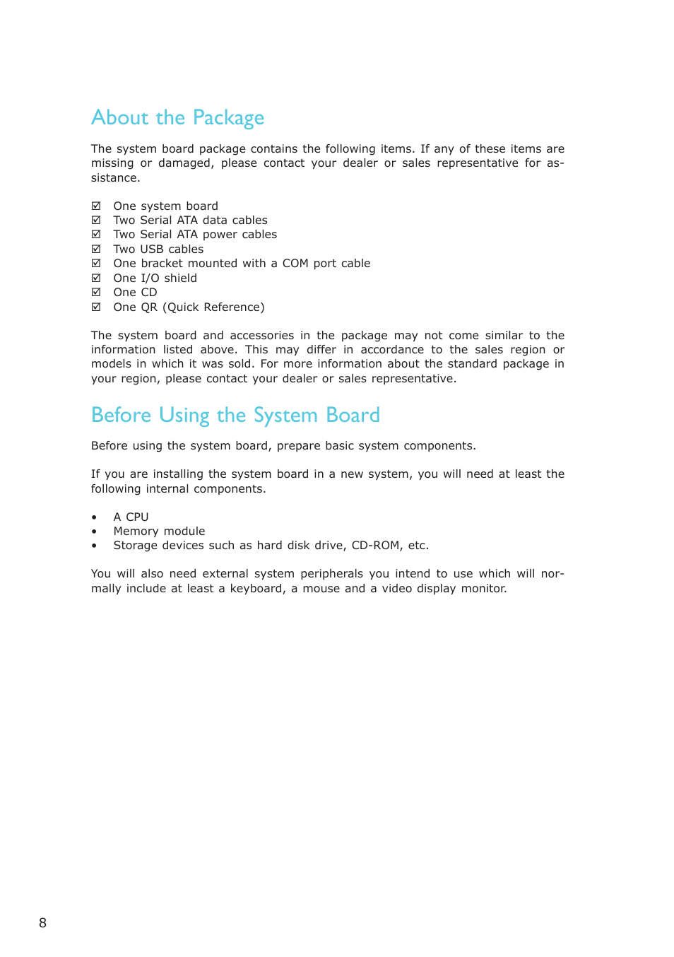 About the package, Before using the system board | DFI PT631-IPM User Manual | Page 8 / 184