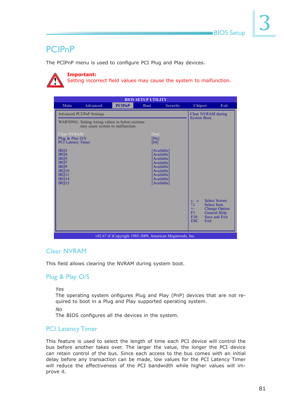 Pcipnp, Bios setup, Clear nvram | Plug & play o/s, Pci latency timer | DFI PT631-IPM User Manual | Page 81 / 184