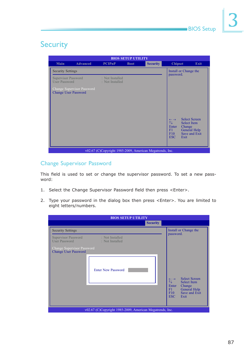 Security, Bios setup, Change supervisor password | DFI PT631-IPM User Manual | Page 87 / 184