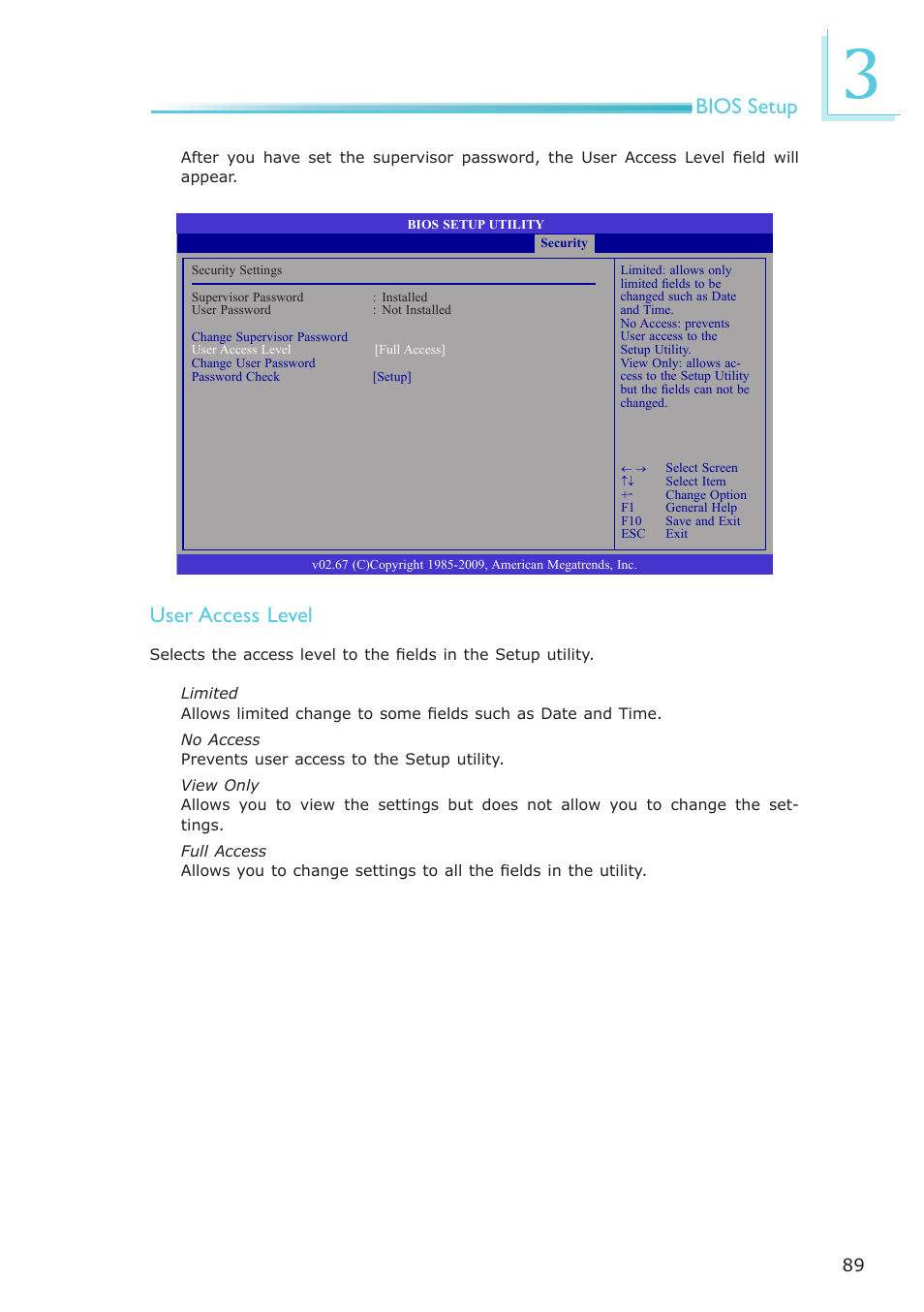 Bios setup, User access level | DFI PT631-IPM User Manual | Page 89 / 184