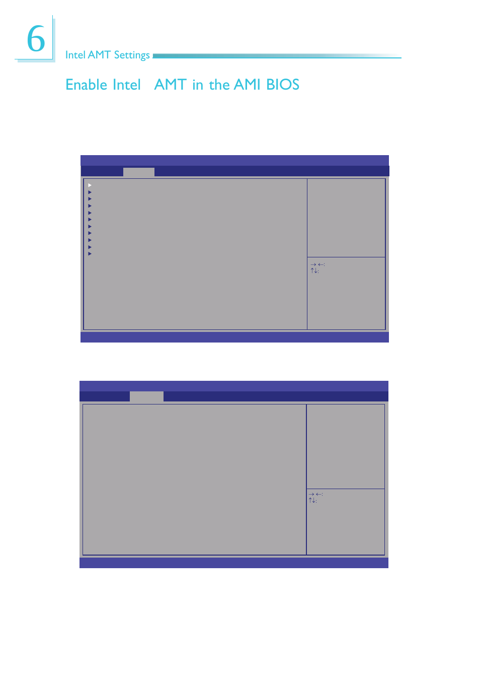 Enable intel® amt in the ami bios, Enable intel, Amt in the ami bios | Intel amt settings | DFI SB630-CRM User Manual | Page 138 / 183