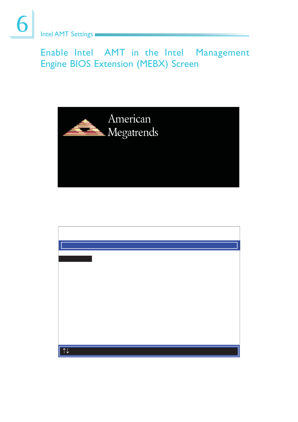 American megatrends, Enable intel, Amt in the intel | Management engine bios extension (mebx) screen | DFI SB630-CRM User Manual | Page 140 / 183