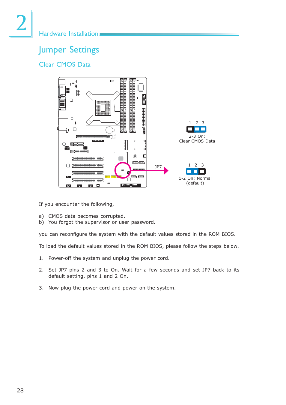 Jumper settings, Hardware installation, Clear cmos data | DFI SB630-CRM User Manual | Page 28 / 183