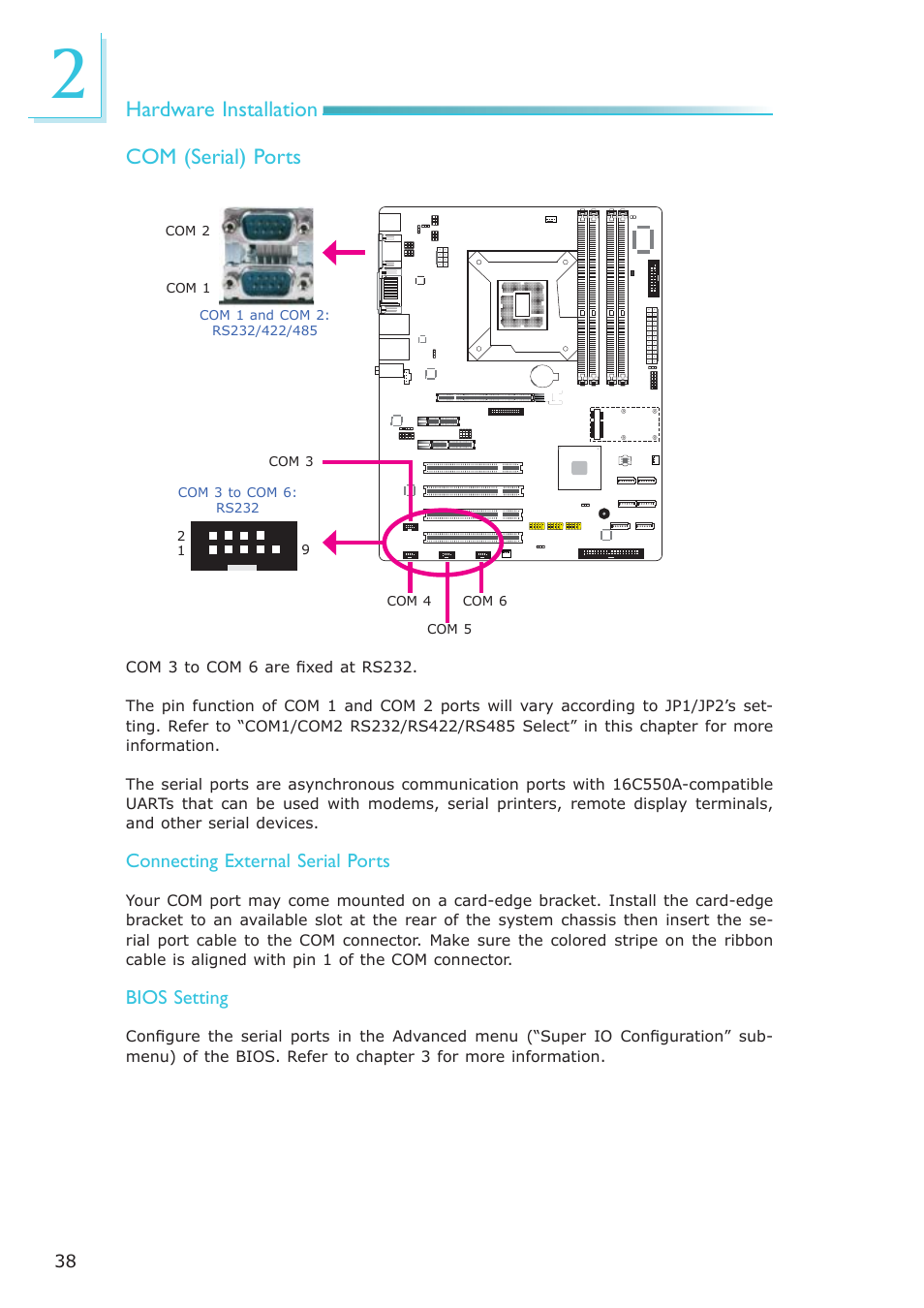Hardware installation, Com (serial) ports | DFI SB630-CRM User Manual | Page 38 / 183