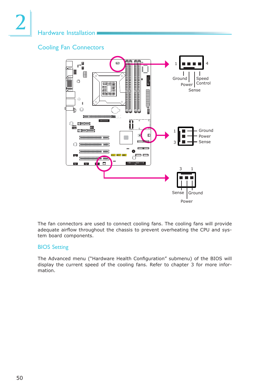 Hardware installation cooling fan connectors | DFI SB630-CRM User Manual | Page 50 / 183