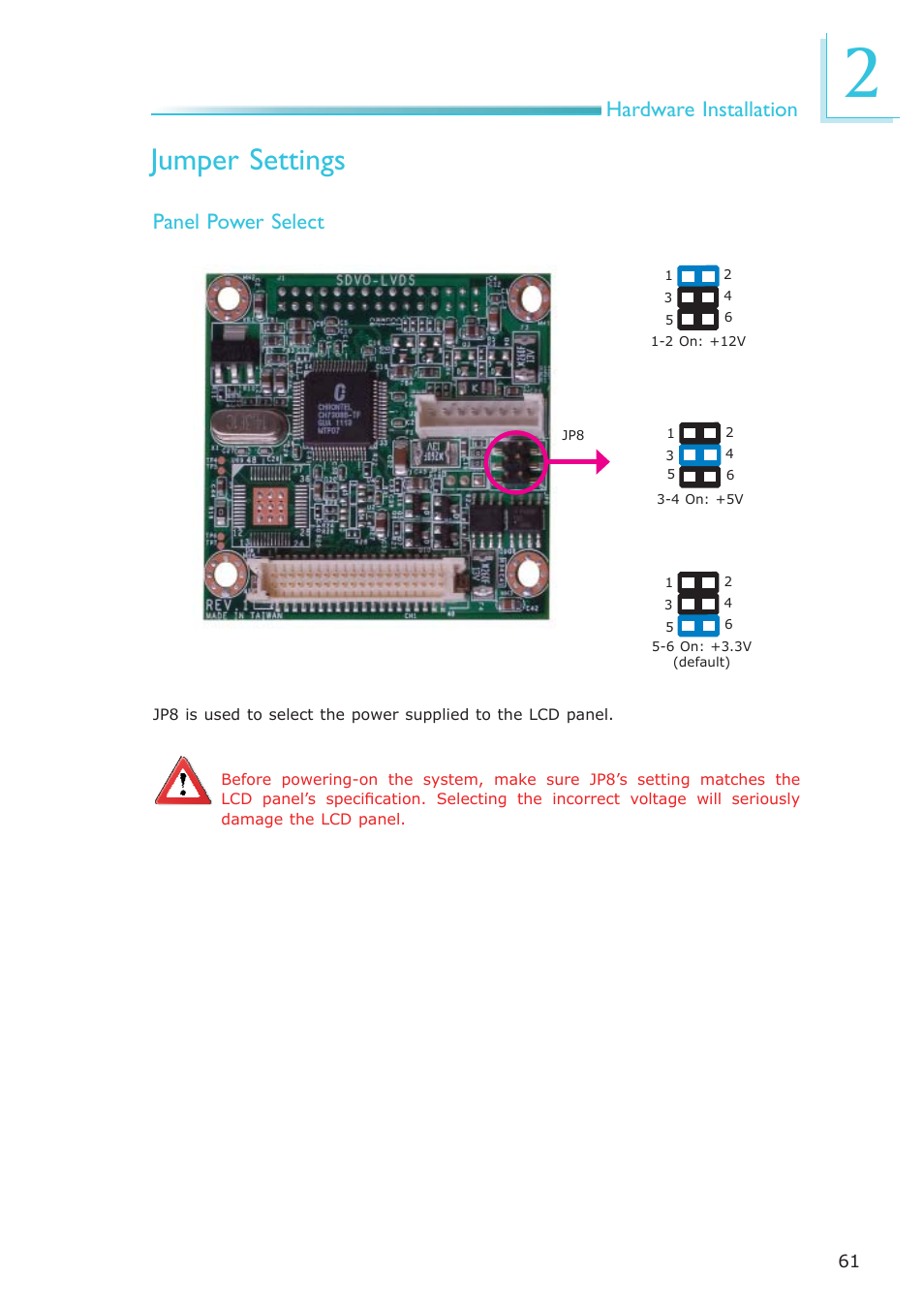 Jumper settings, Hardware installation panel power select | DFI SB630-CRM User Manual | Page 61 / 183