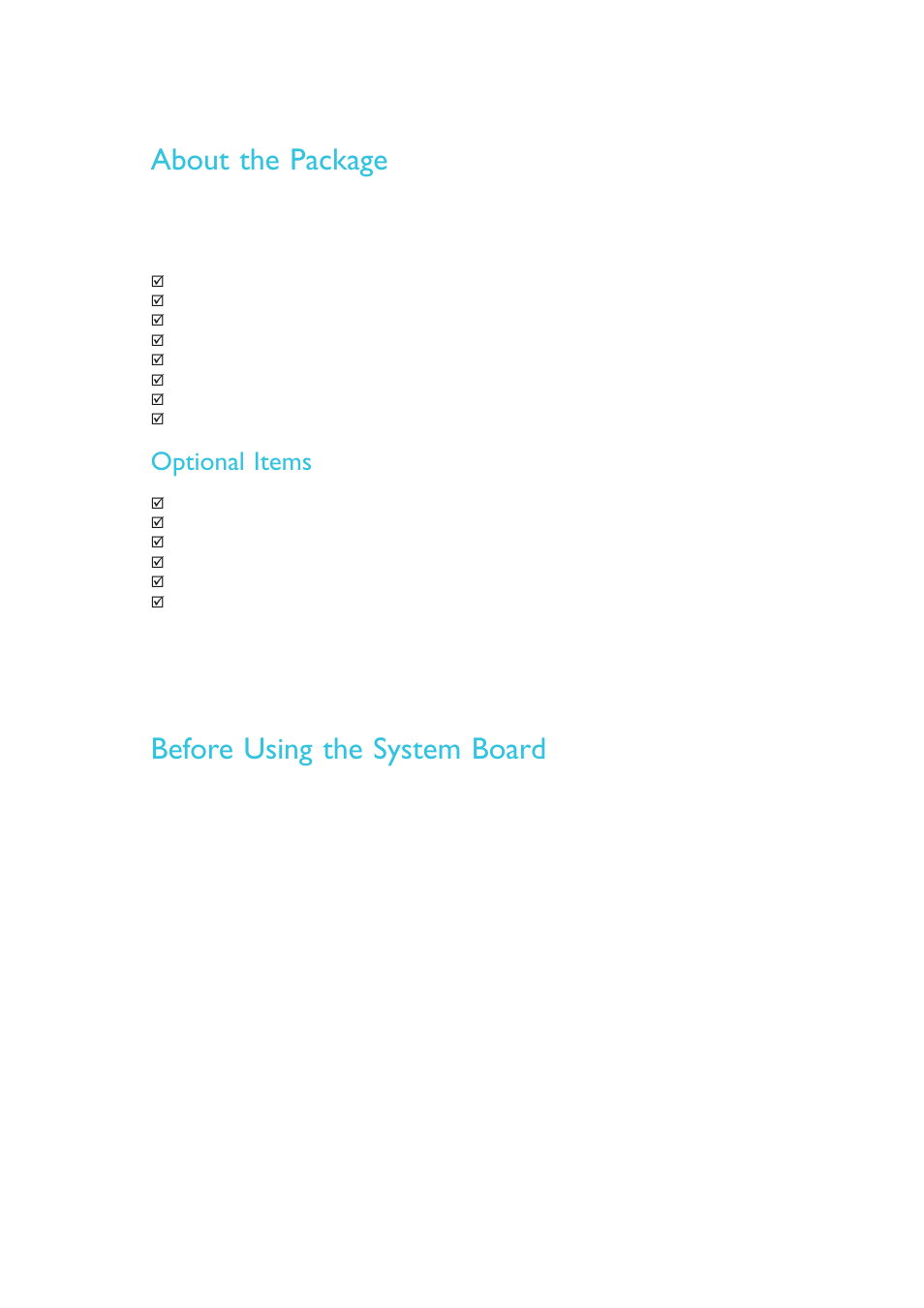 About the package, Before using the system board, Optional items | DFI SB630-CRM User Manual | Page 9 / 183