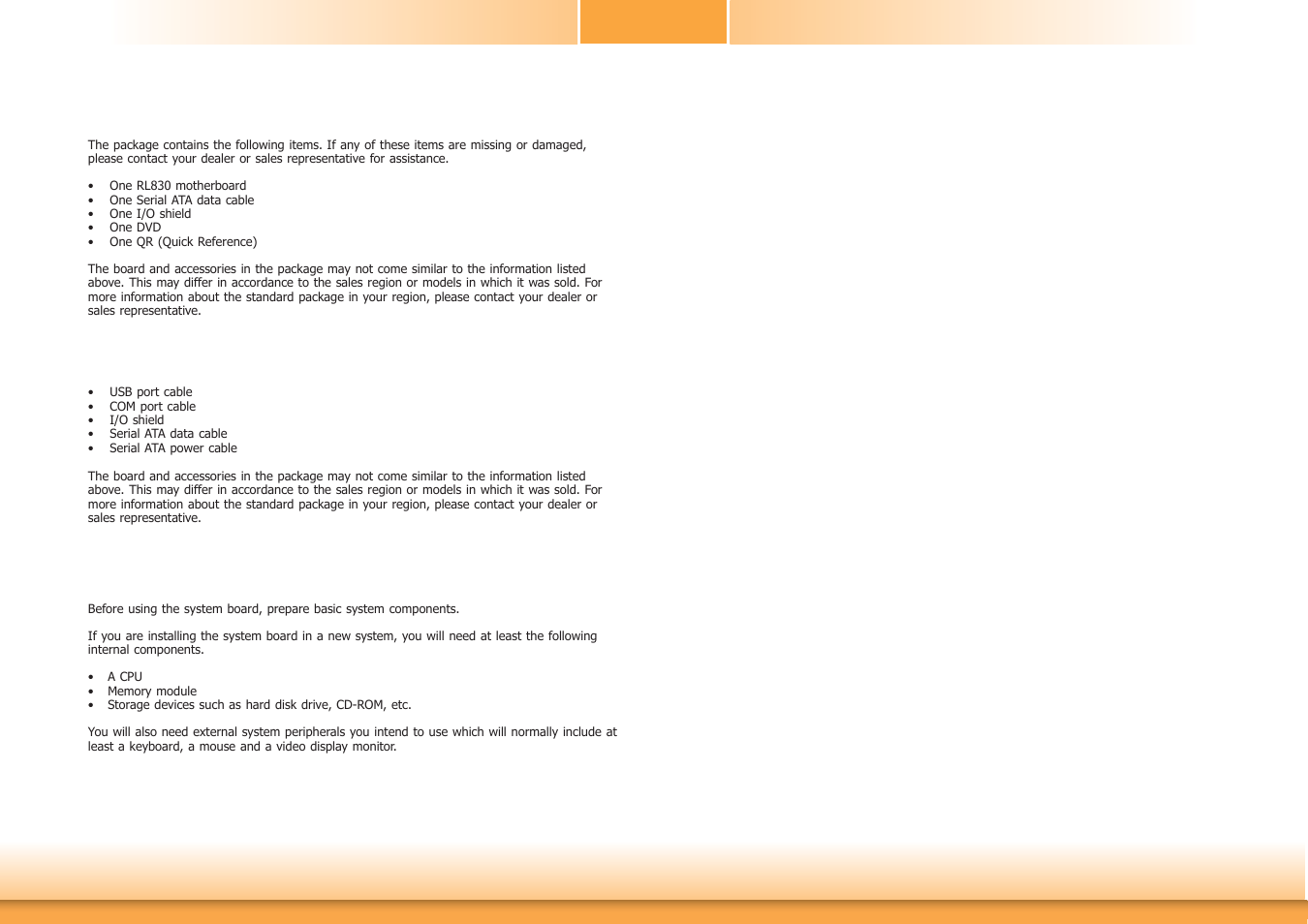 About the package, Before using the system board, Optional items | DFI RL830-C602/C604 User Manual | Page 5 / 67