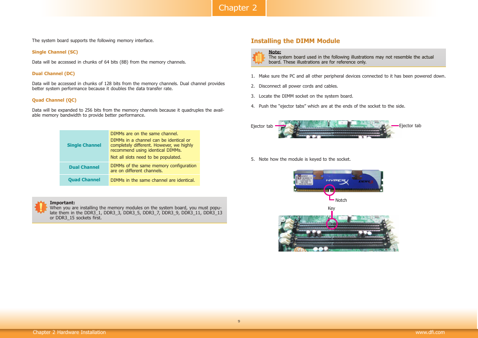 Installing the dimm module, Chapter 2 | DFI RL830-C602/C604 User Manual | Page 9 / 67