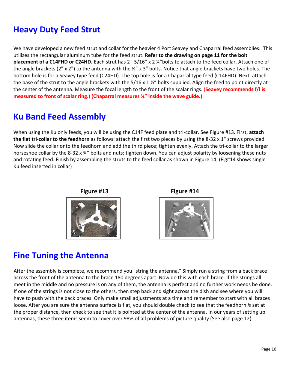 Heavy duty feed strut, Ku band feed assembly, Fine tuning the antenna | DH Satellite 60 Horizon to Horizon/Powered Dec User Manual | Page 15 / 23