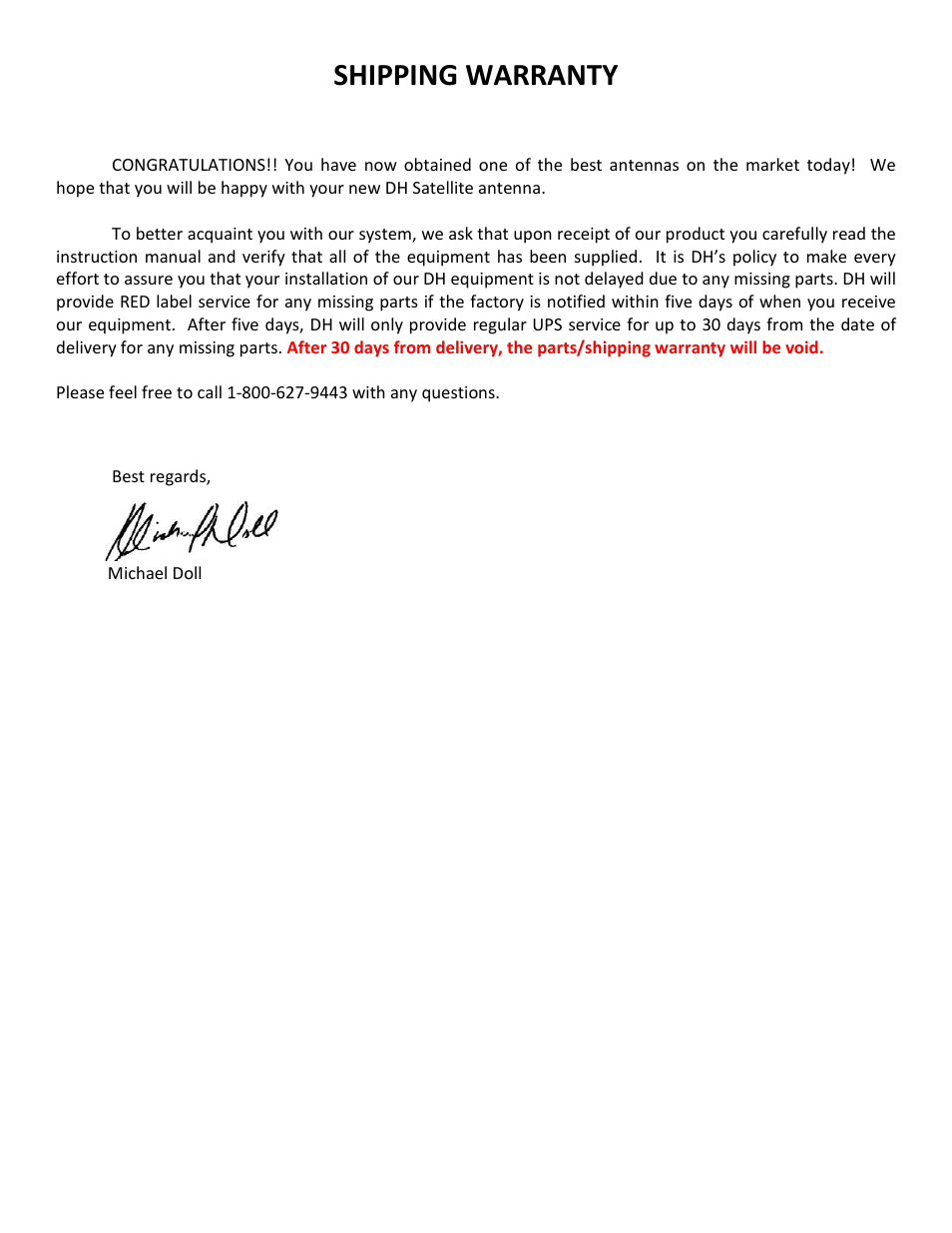 Shipping warranty | DH Satellite 60 Horizon to Horizon/Powered Dec User Manual | Page 23 / 23