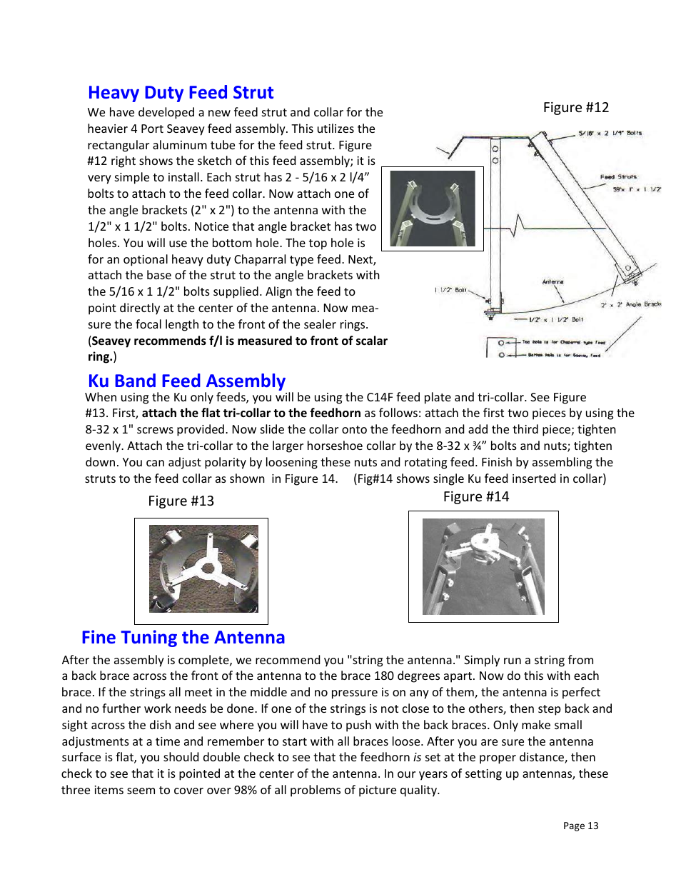 Heavy duty feed strut, Ku band feed assembly, Fine tuning the antenna | DH Satellite 60 Heavy Duty Polar/Powered Dec User Manual | Page 17 / 21