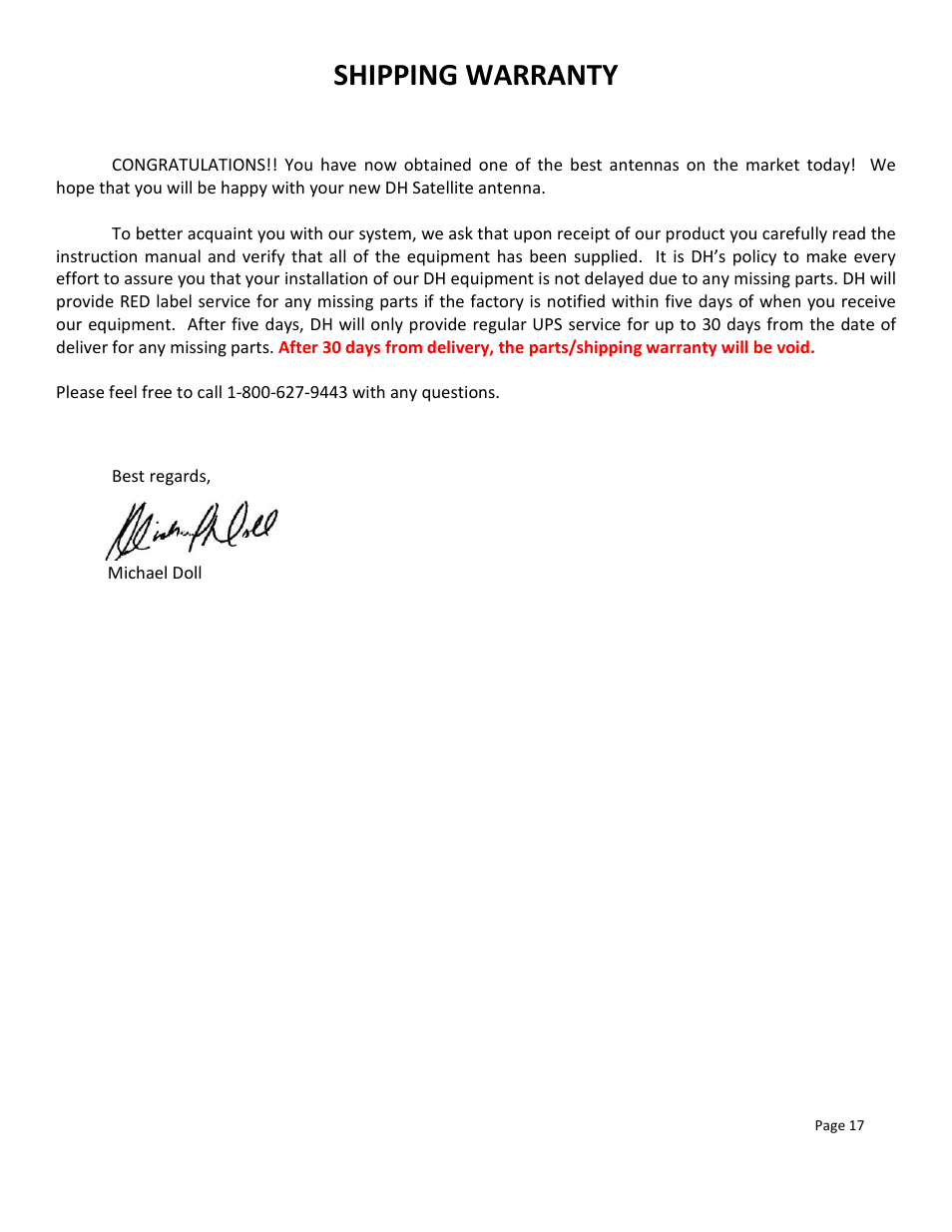 Shipping warranty | DH Satellite 60 Heavy Duty Polar/Powered Dec User Manual | Page 21 / 21