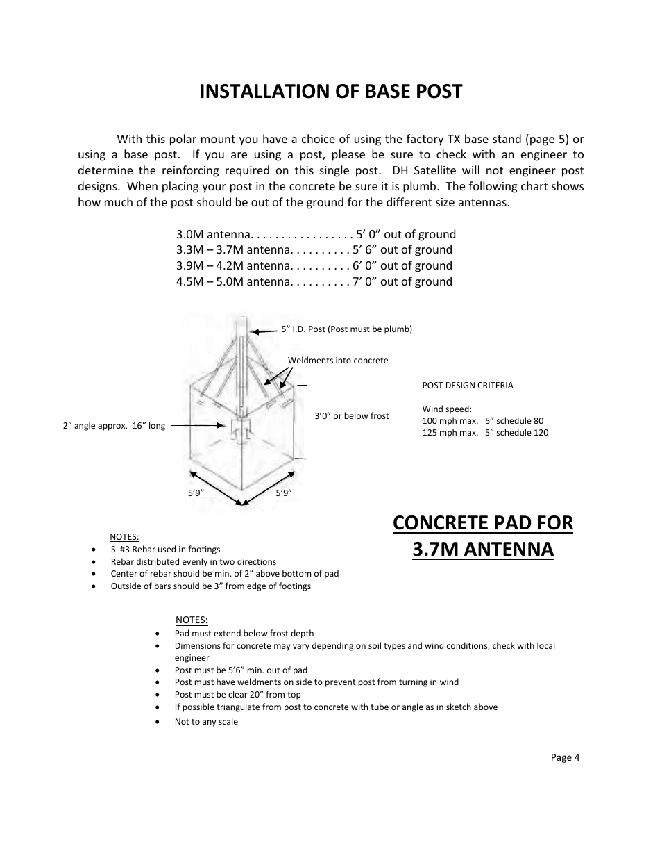 Installation of base post, Concrete pad for 3.7m antenna | DH Satellite 60 Heavy Duty Polar/Powered Dec User Manual | Page 4 / 21
