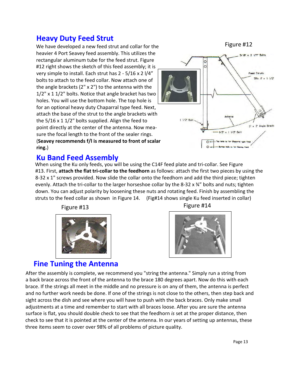 Heavy duty feed strut, Ku band feed assembly, Fine tuning the antenna | DH Satellite 60 Fixed Az-El Mount User Manual | Page 18 / 21