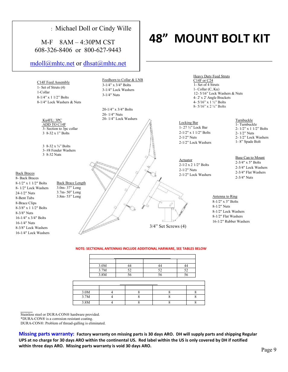 48” mount bolt kit, Technical, Missing parts warranty | Page 9 | DH Satellite 1PC or 4PC 3m, 3.7m, & 3.8m  48 Polar/Fixed Mount User Manual | Page 17 / 18