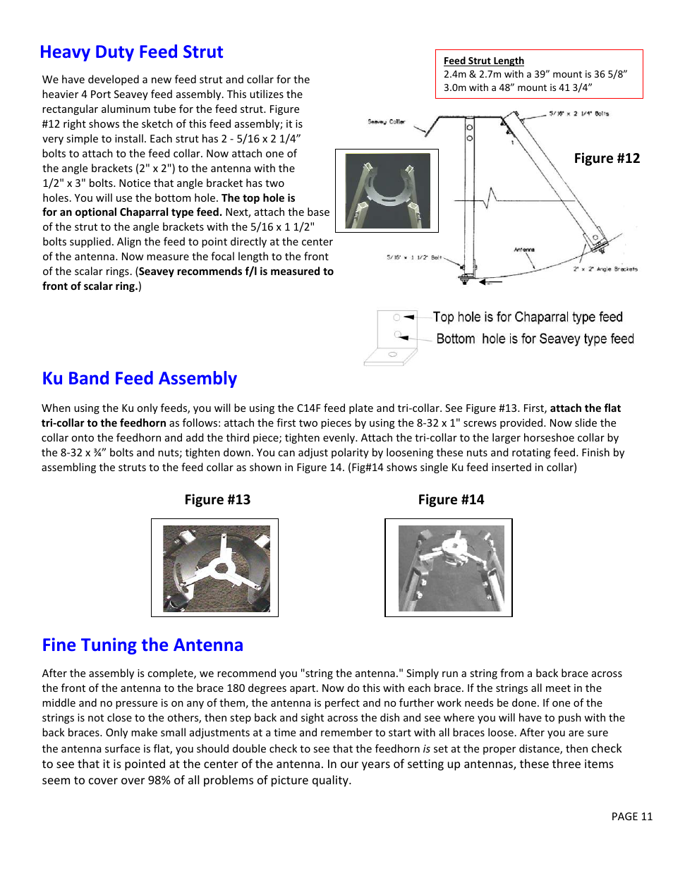 Heavy duty feed strut, Ku band feed assembly, Fine tuning the antenna | DH Satellite Gibralter Gemini Sectional Antenna Mount User Manual | Page 11 / 13