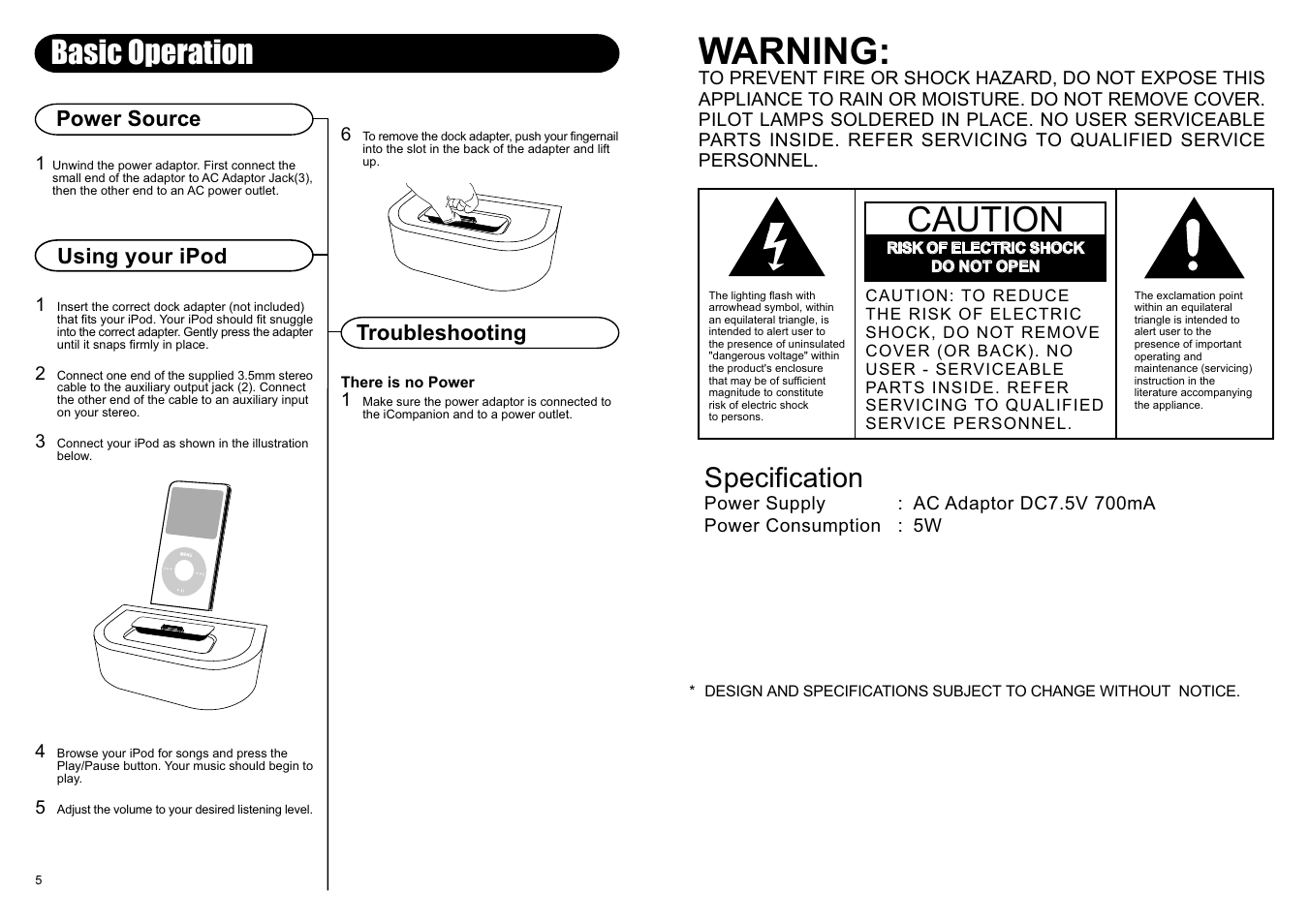 Warning, Caution, Basic operation | Specification, Using your ipod, Troubleshooting, Power source | Crosley Radio ICOMPANION AC21 User Manual | Page 2 / 4