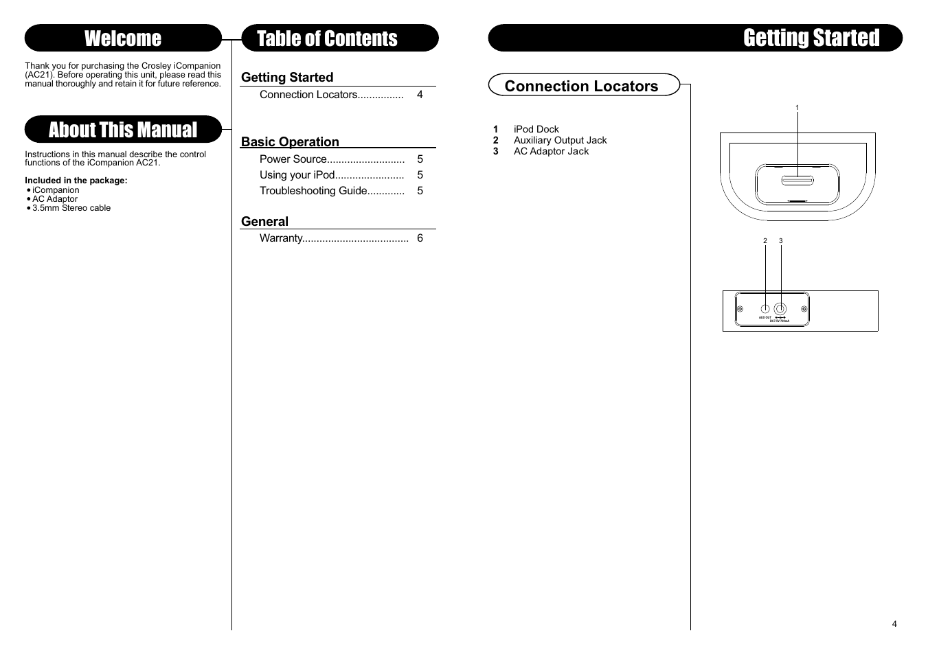 Getting started, About this manual, Welcome table of contents | Connection locators | Crosley Radio ICOMPANION AC21 User Manual | Page 4 / 4