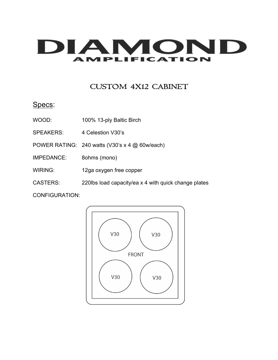 Custom 4x12 cabinet specs | Diamond Amplification Custom 4x12 User Manual | Page 4 / 5