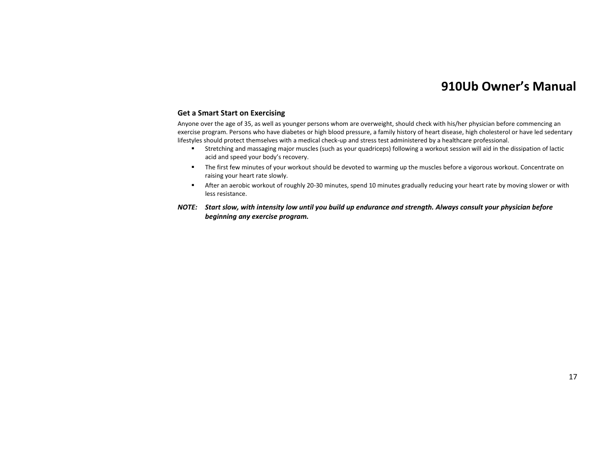 910ub owner’s manual | Diamondback Fitness 910Ub User Manual | Page 17 / 44