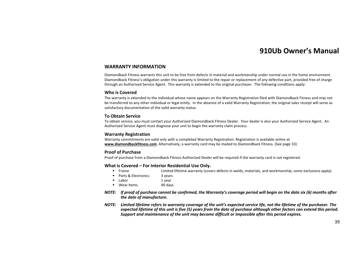 910ub owner’s manual | Diamondback Fitness 910Ub User Manual | Page 39 / 44