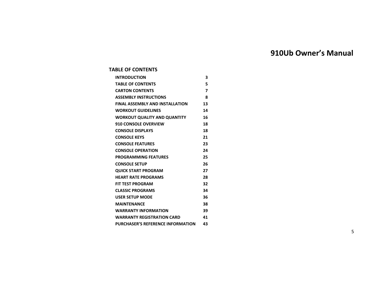 910ub owner’s manual | Diamondback Fitness 910Ub User Manual | Page 5 / 44