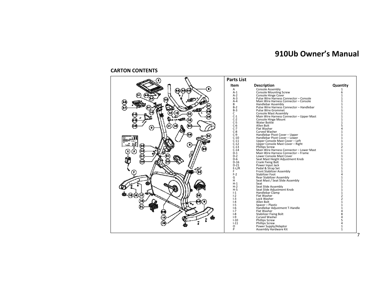 910ub owner’s manual, Carton contents, Parts list | Diamondback Fitness 910Ub User Manual | Page 7 / 44