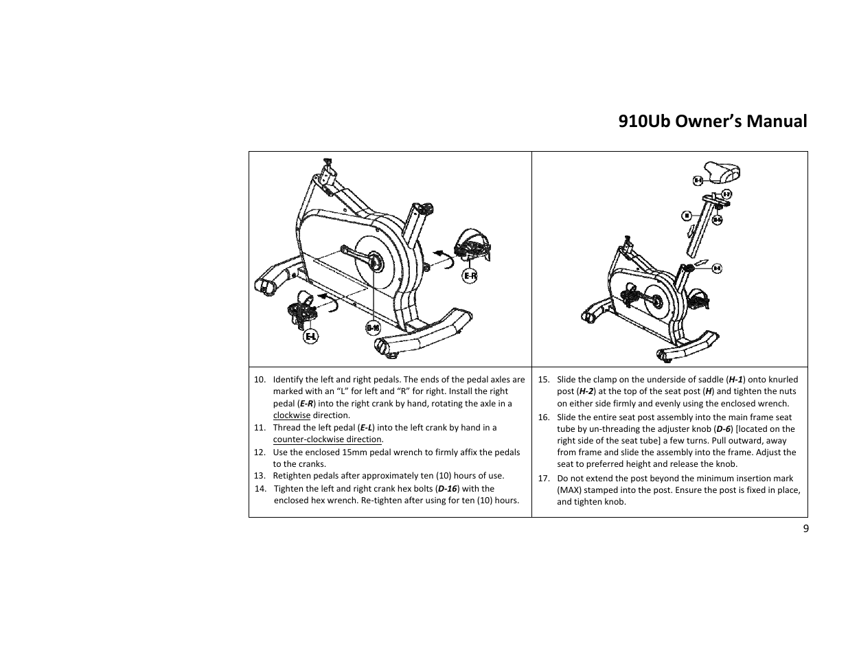 910ub owner’s manual | Diamondback Fitness 910Ub User Manual | Page 9 / 44