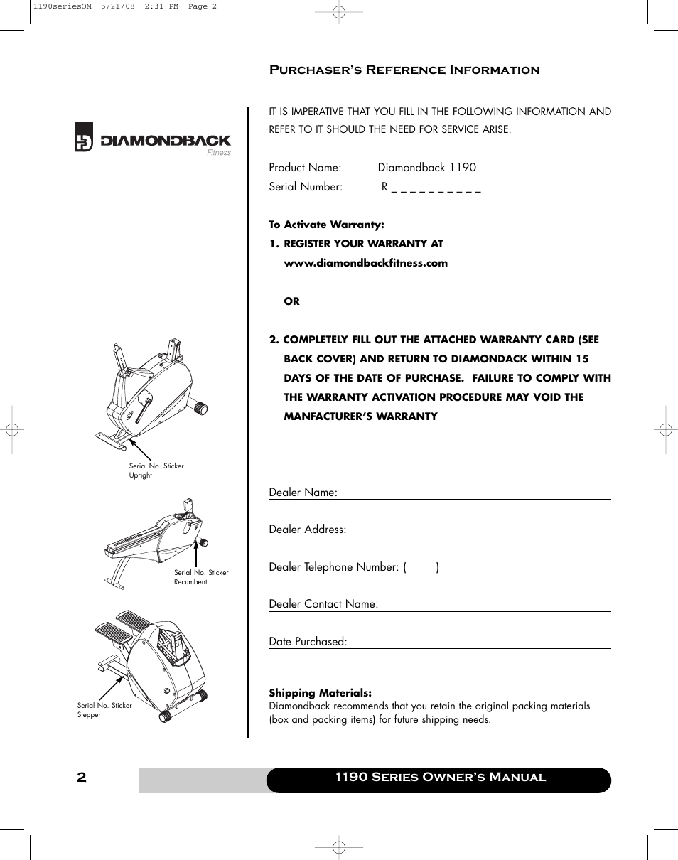 Diamondback 1190 Er User Manual | 50 pages
