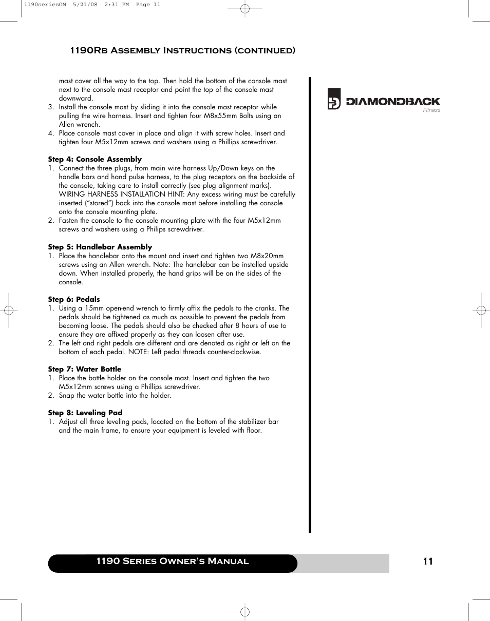 1190 series owner’s manual, 1190rb assembly instructions (continued) | Diamondback 1190 Er User Manual | Page 10 / 50