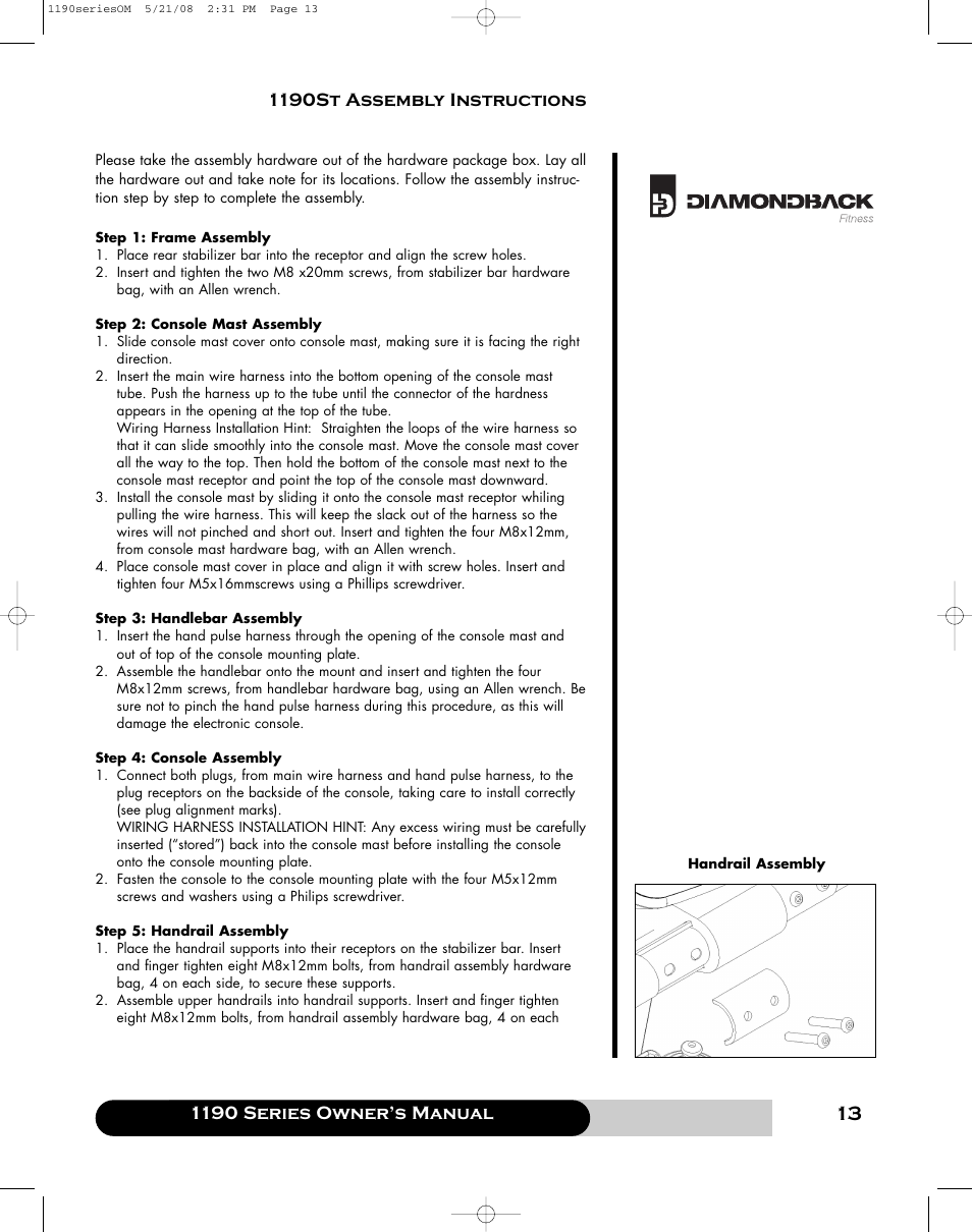 1190 series owner’s manual, 1190st assembly instructions | Diamondback 1190 Er User Manual | Page 12 / 50