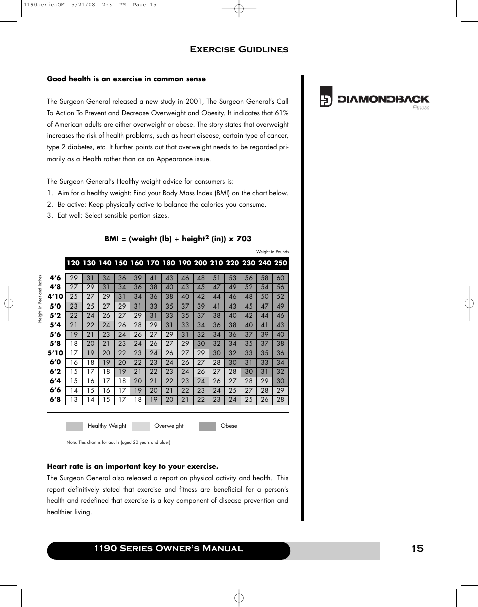 1190 series owner’s manual, Exercise guidlines | Diamondback 1190 Er User Manual | Page 14 / 50
