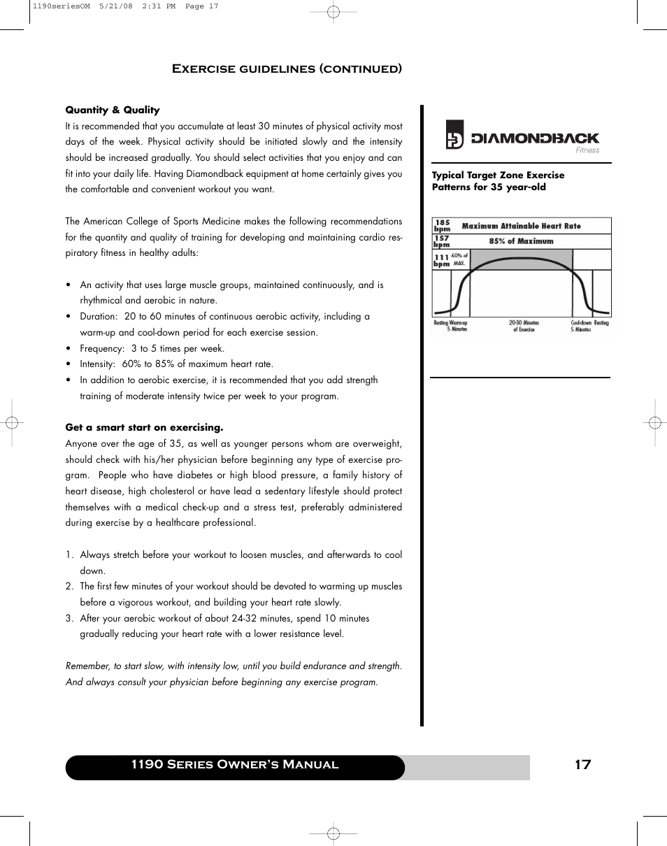 1190 series owner’s manual, Exercise guidelines (continued) | Diamondback 1190 Er User Manual | Page 16 / 50