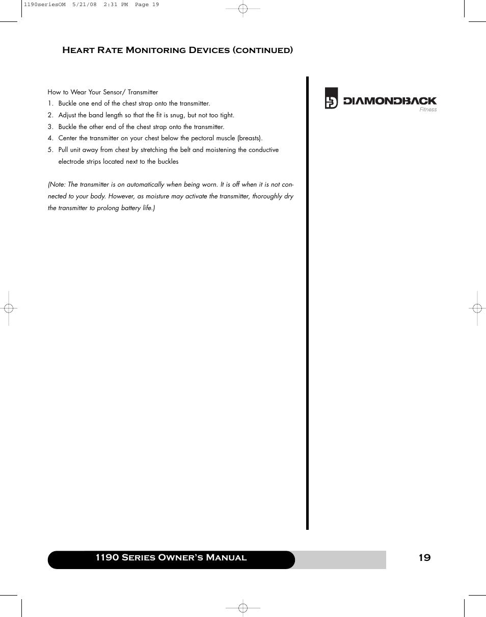 1190 series owner’s manual, Heart rate monitoring devices (continued) | Diamondback 1190 Er User Manual | Page 18 / 50