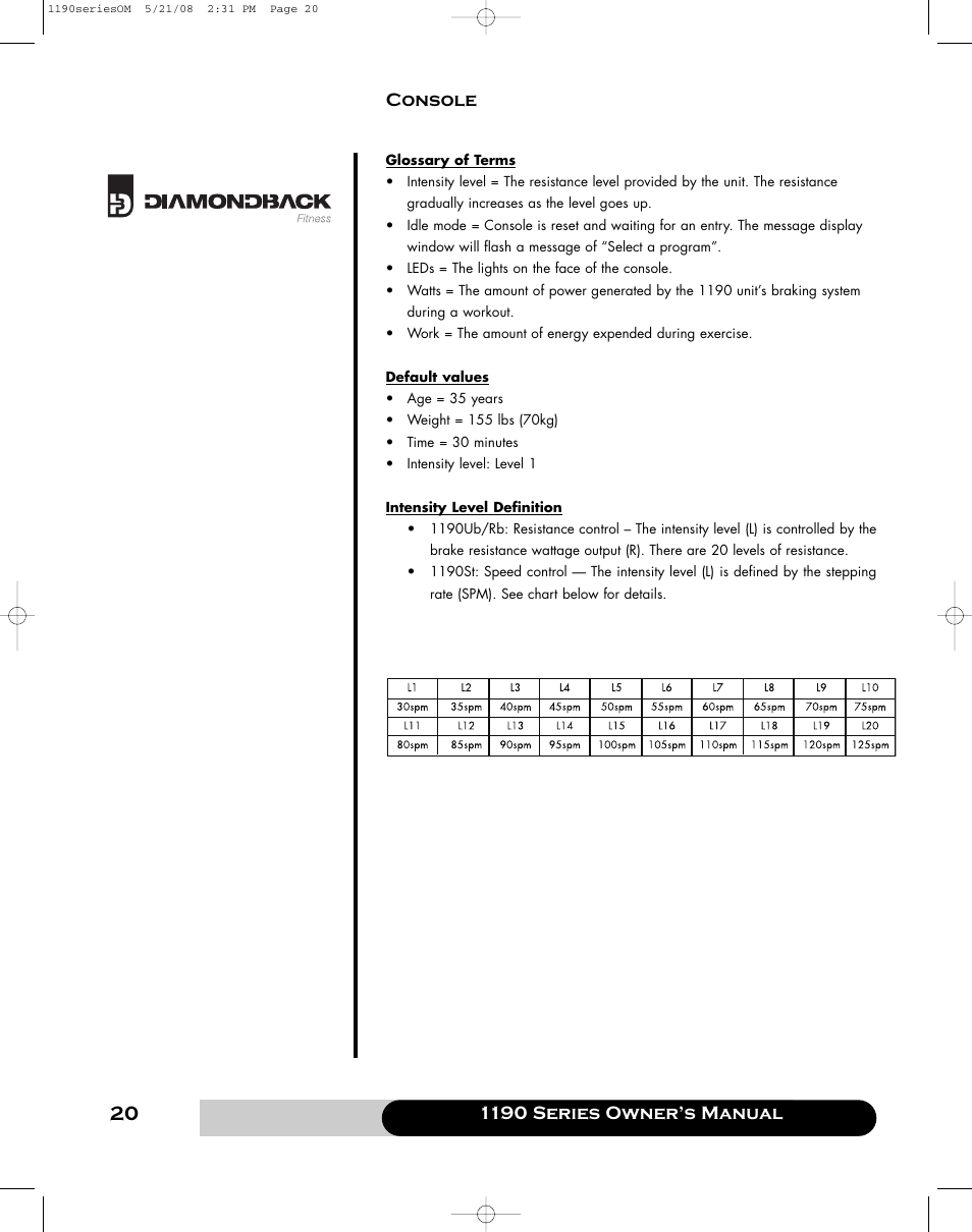 1190 series owner’s manual console | Diamondback 1190 Er User Manual | Page 19 / 50