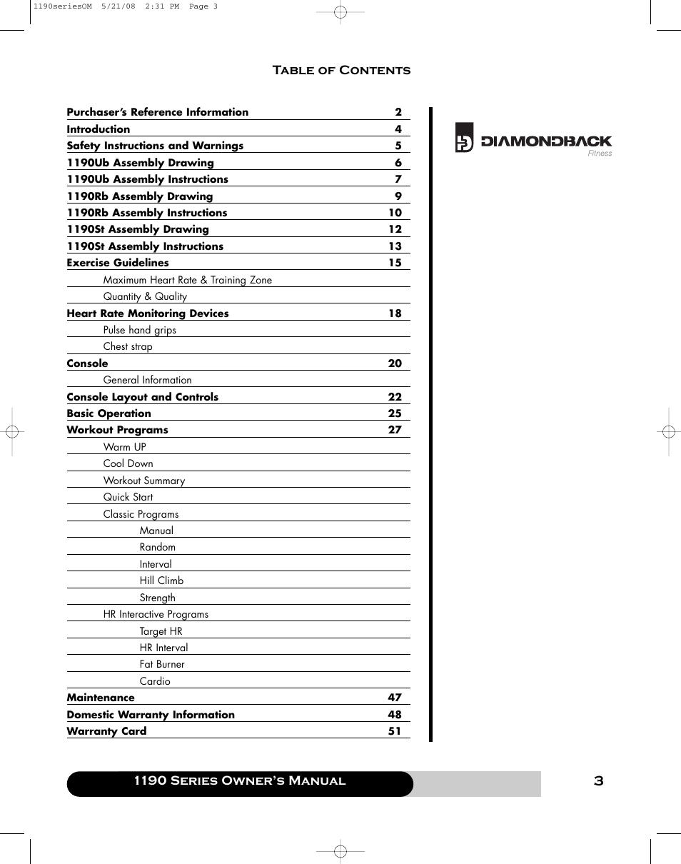 Diamondback 1190 Er User Manual | Page 2 / 50
