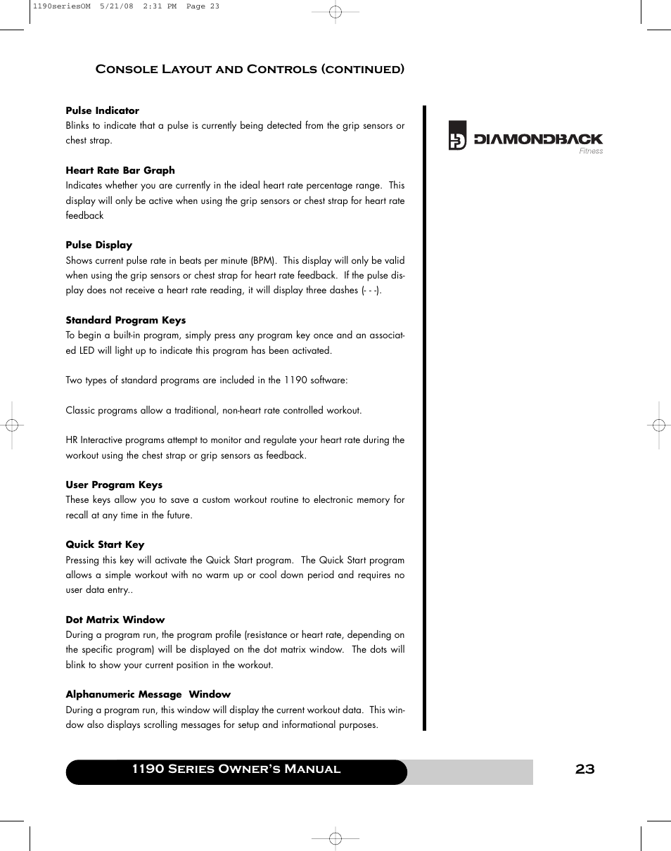 1190 series owner’s manual, Console layout and controls (continued) | Diamondback 1190 Er User Manual | Page 22 / 50