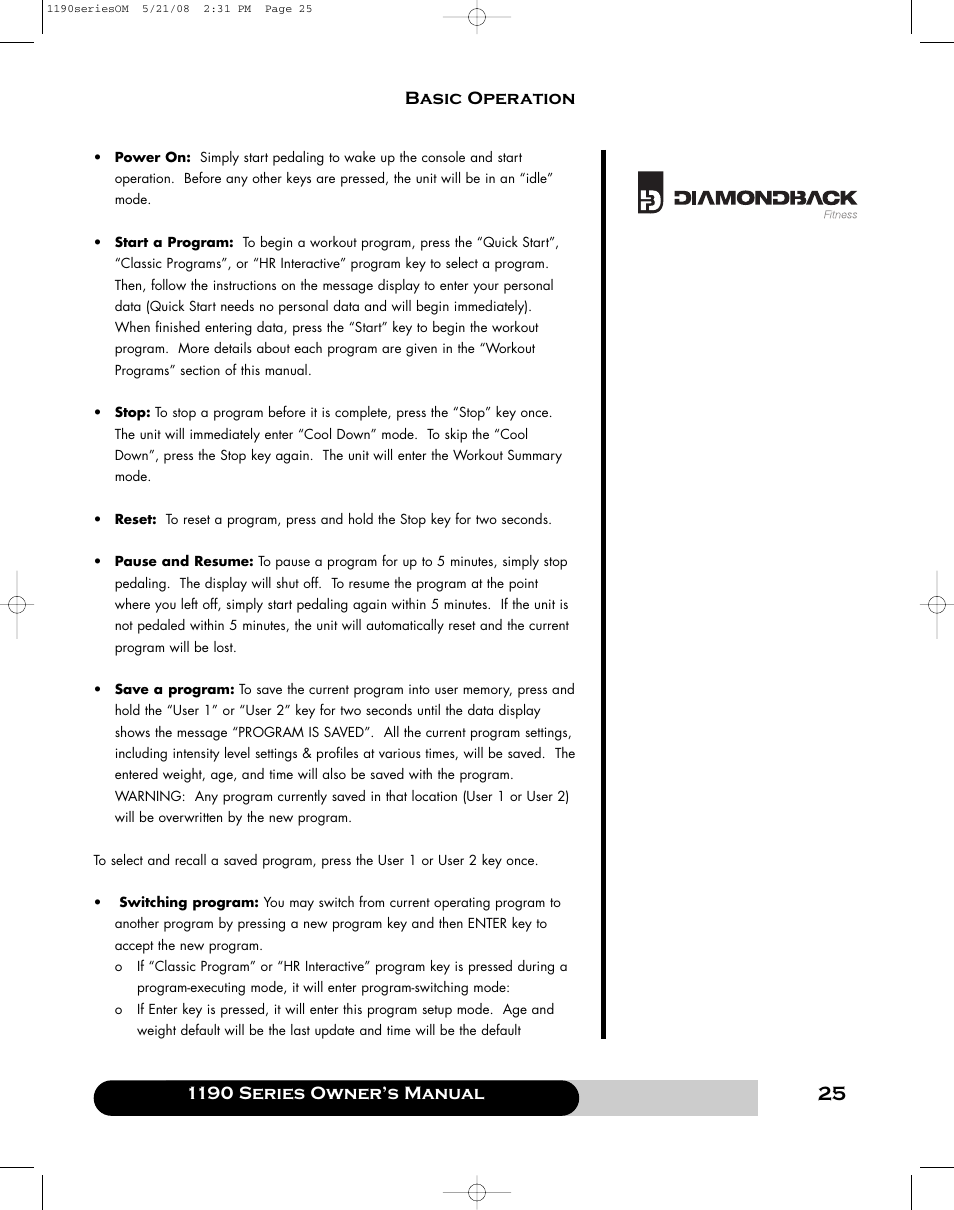 1190 series owner’s manual, Basic operation | Diamondback 1190 Er User Manual | Page 24 / 50